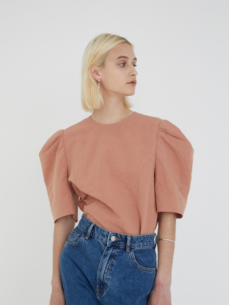 PUFF SLEEVE BACK OPEN LINEN BLOUSE (CORAL)